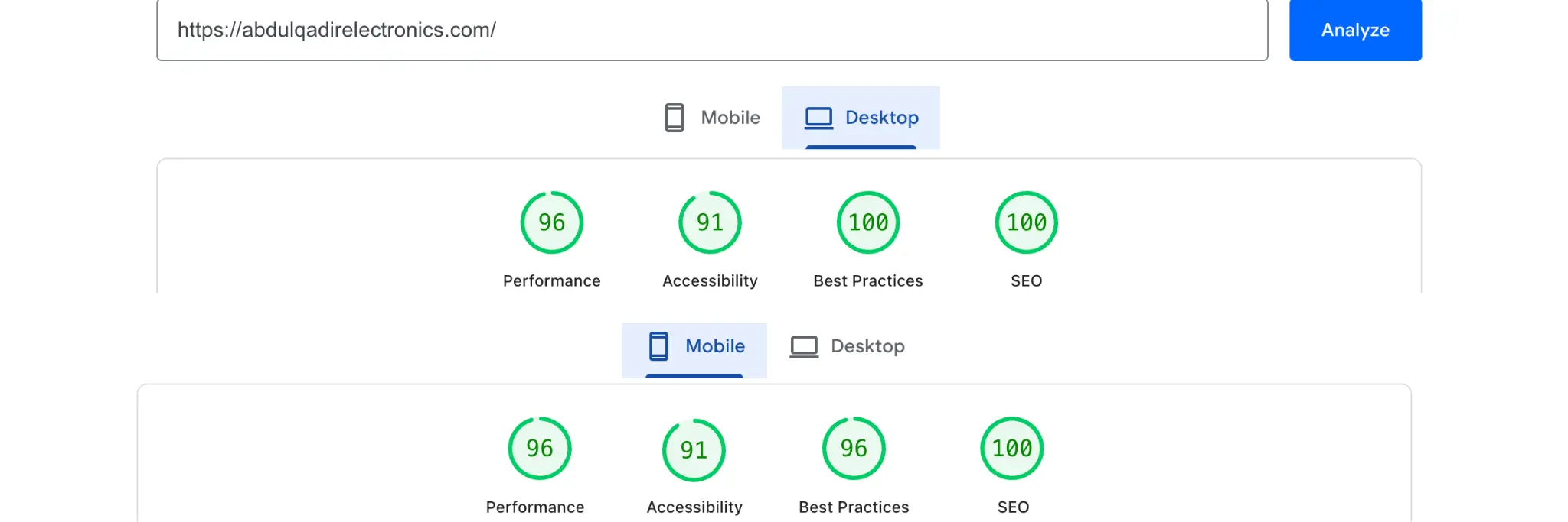 Mobile performance optimization results for business website